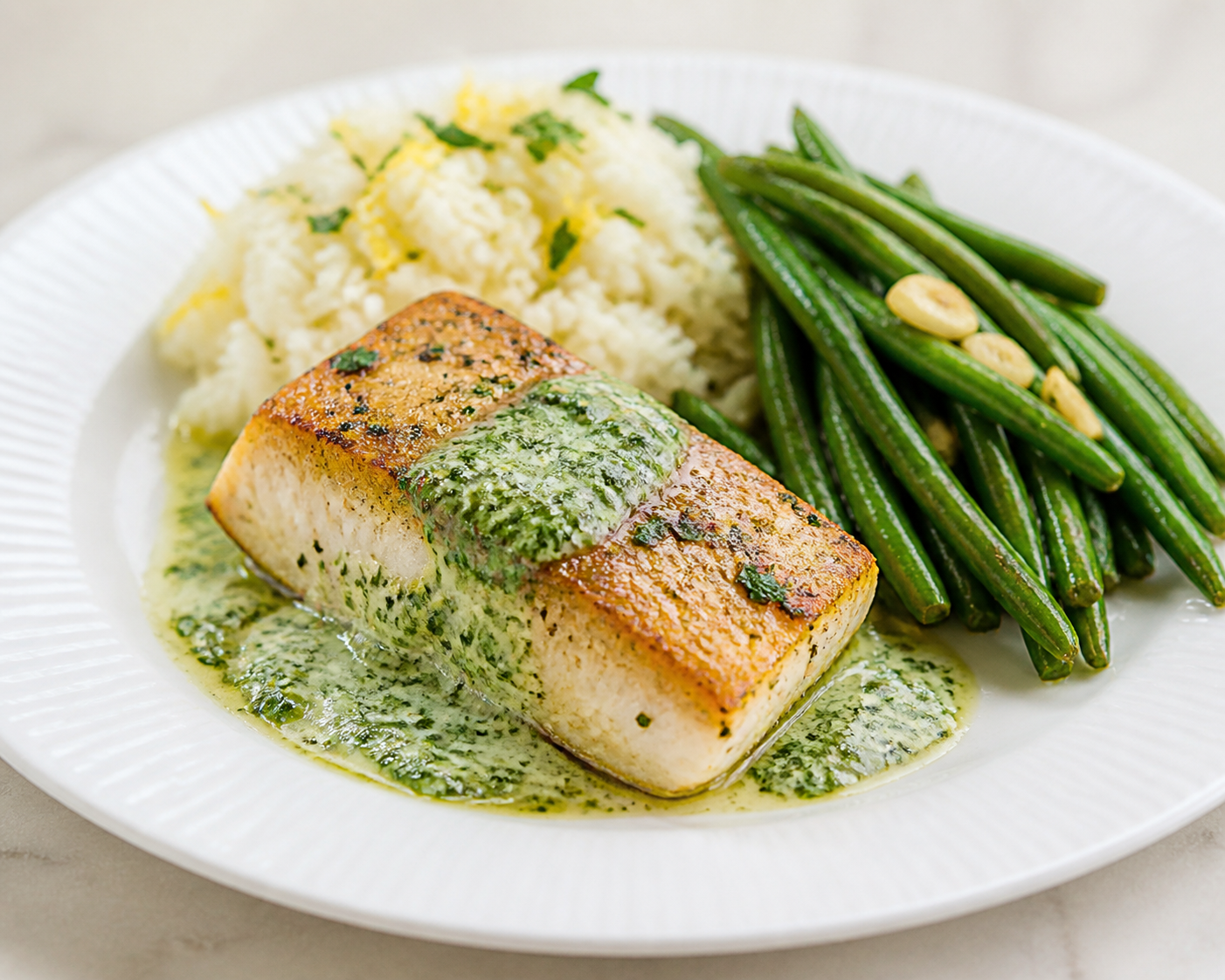 Pan-Seared Cod with Green Coconut Cilantro Sauce, Lemon Jasmine Rice, and Garlic Sautéed Green Beans