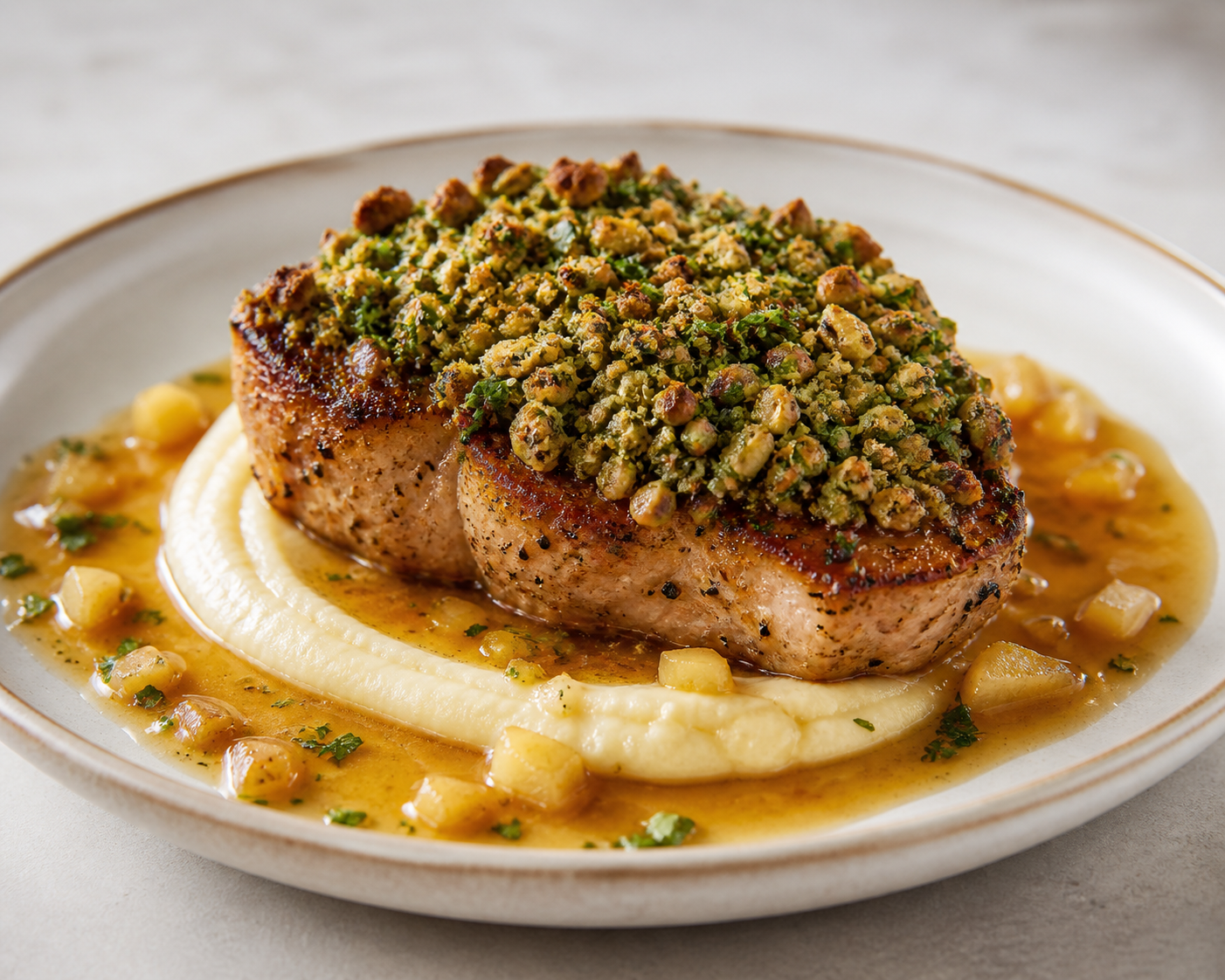 Pork Shoulder Steak with Pistachio Herb Crust, Roasted Parsnip Cream and Golden Apple Vermouth Sauce