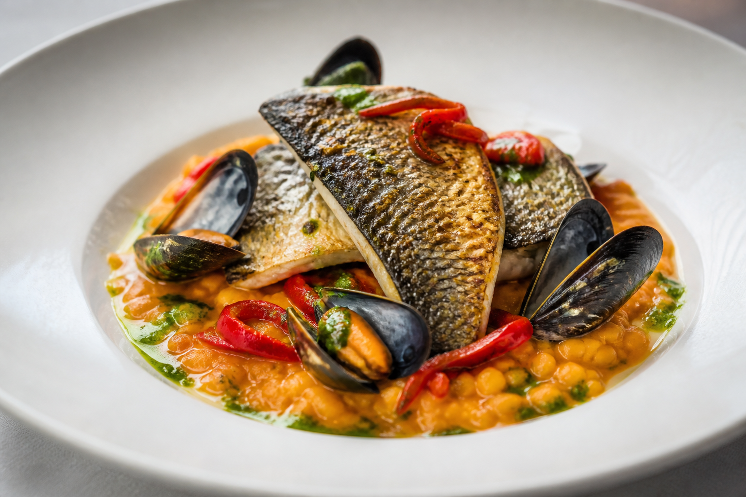 Baked Sea Bass with Mussels in Smoked Pepper Sauce, Creamy Red Lentils, and Chive Oil