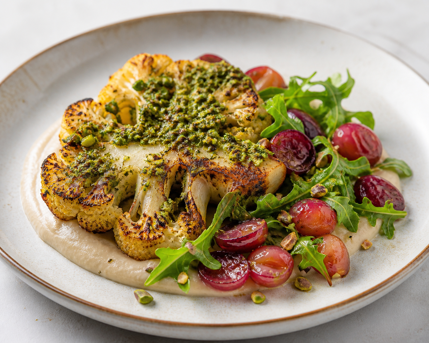 Bistecs de coliflor al chimichurri de pistacho con puré de alubias blancas y ensalada tibia de uvas asadas