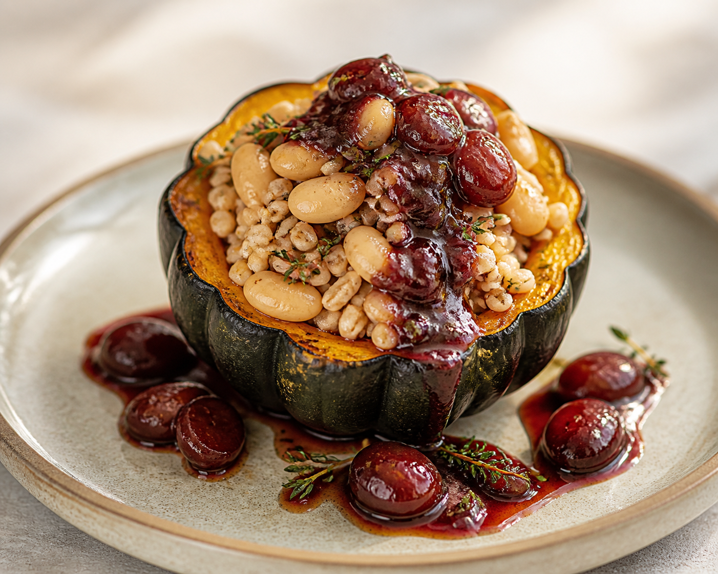 Calabaza bellota rellena de cebada perlada al tomillo, judías mantecosas y salsa de uvas asadas al balsámico