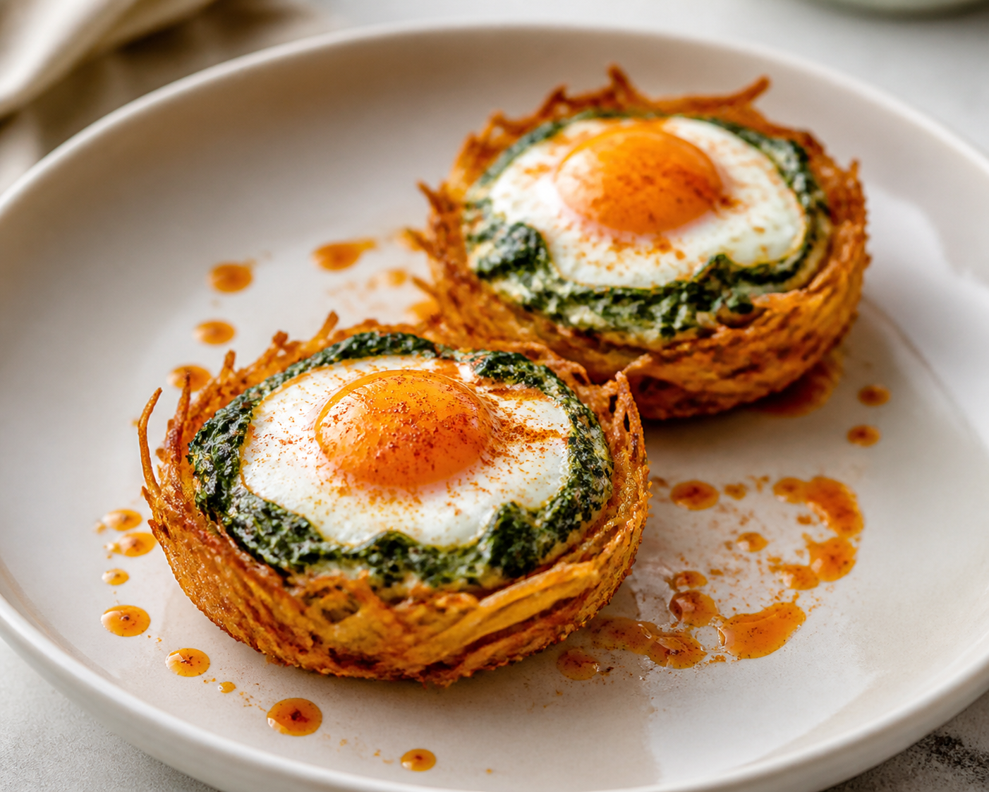 Crispy Cassava Nests with Creamy Spinach, Baked Eggs and Paprika Oil
