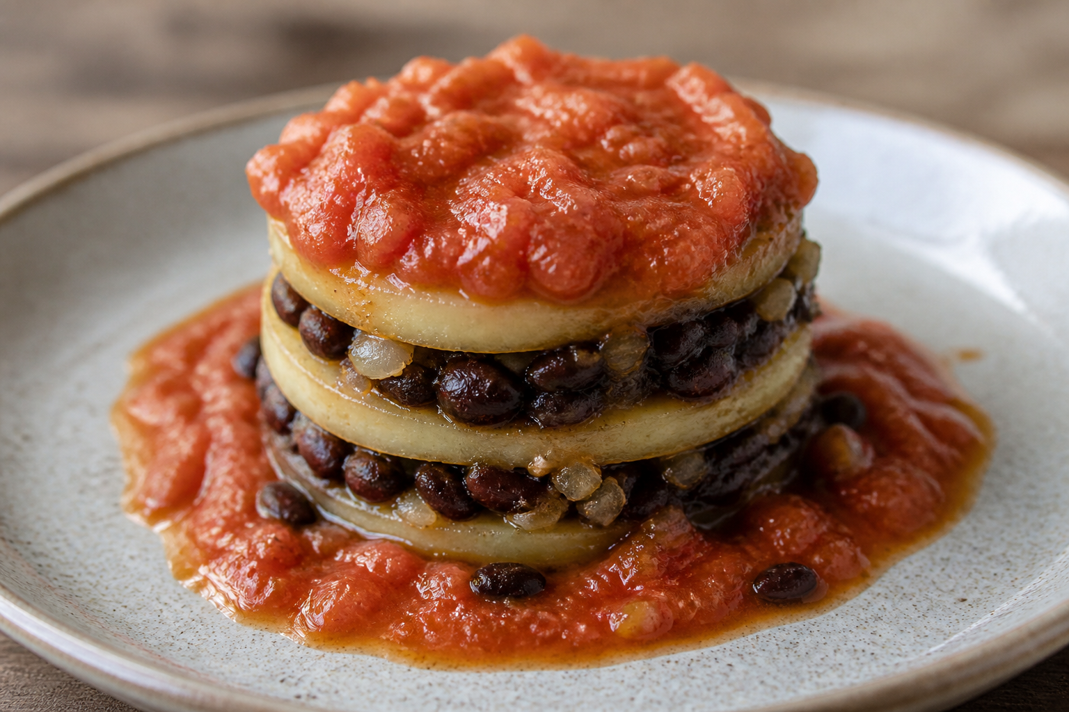 Potato and Black Bean Stack with Rustic Tomato Garlic Sauce