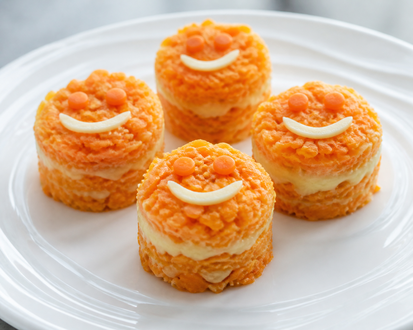 Minitorres Risueñas de Lenteja Roja, Queso y Zanahoria