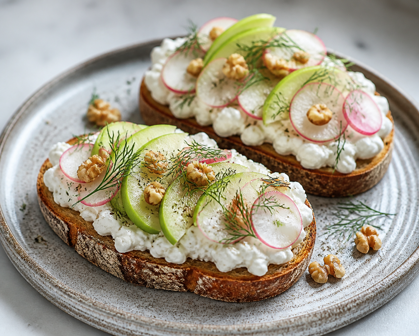 Quick cottage toast with radish, green apple, dill, and toasted walnut