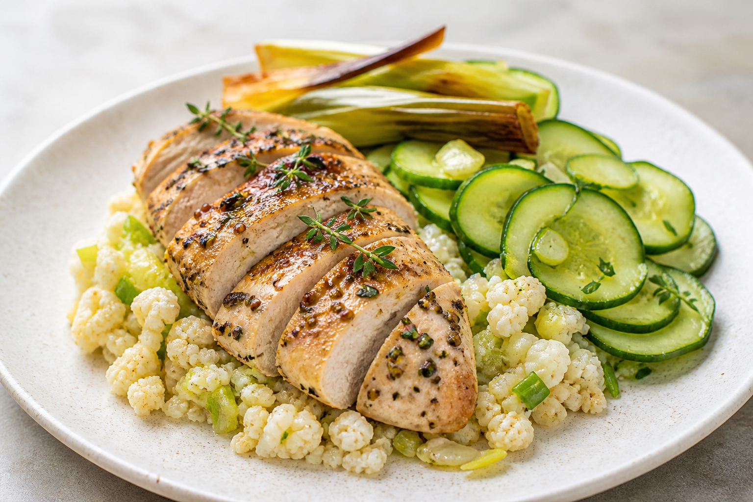 Pollo al tomillo y mostaza suave con cebada de coliflor, puerro dorado y pepino crujiente