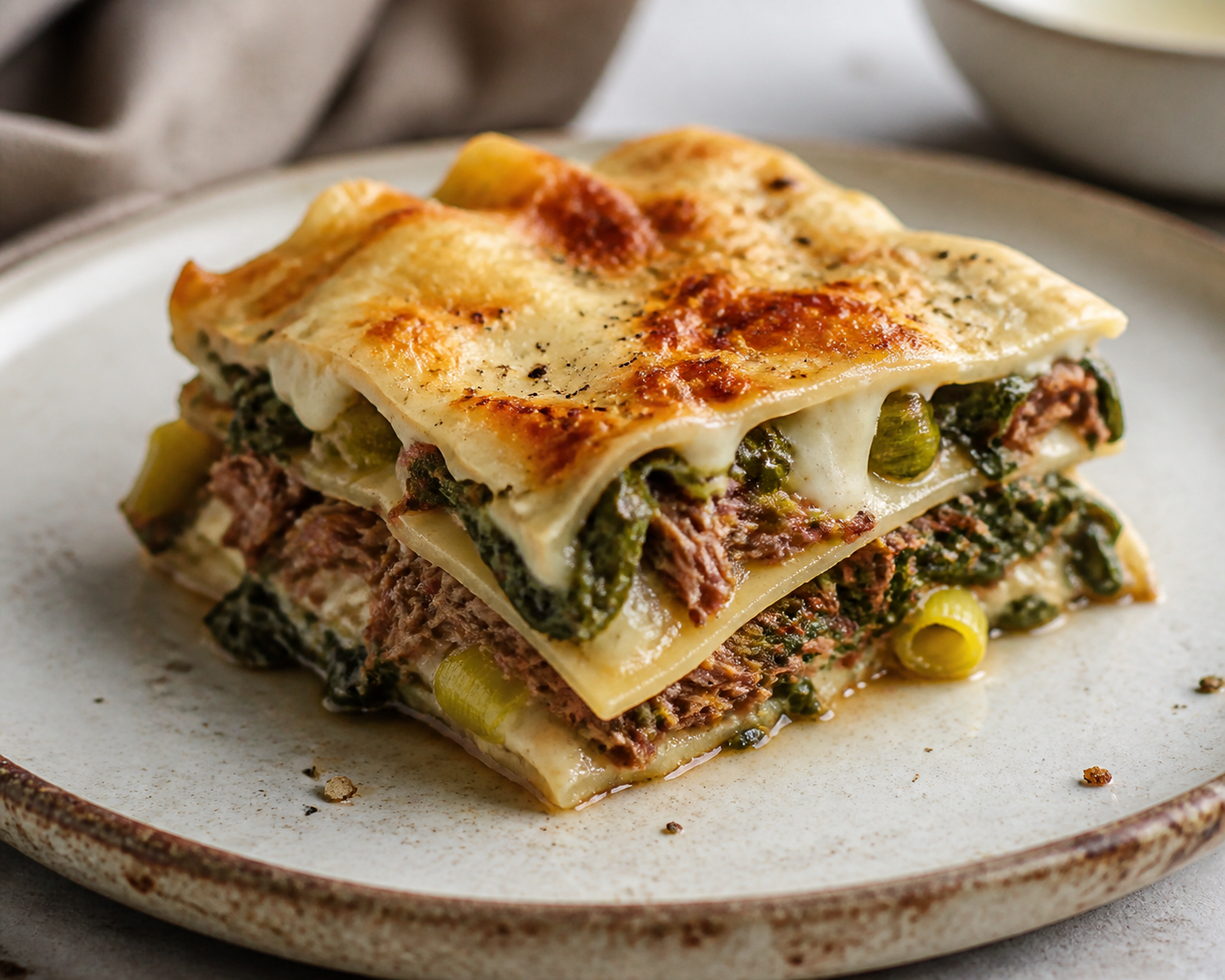 Pastel Familiar de Lasaña Rústica con Res Deshebrada, Puerros, Espinaca y Bechamel de Avena Gratinada