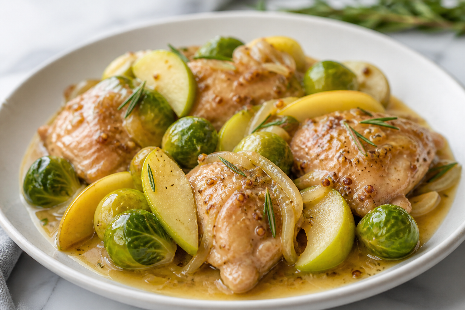 Slow Cooker Chicken with Brussels Sprouts, Green Apple, and Gentle Mustard Honey Rosemary Sauce