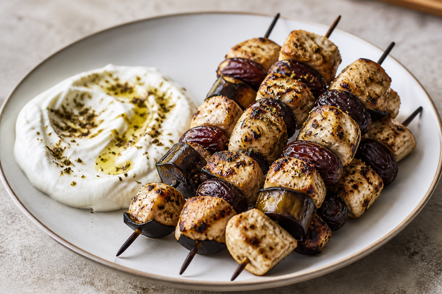 Grilled Chicken Skewers with Eggplant, Dates, and Yogurt Za'atar Lemon Marinade