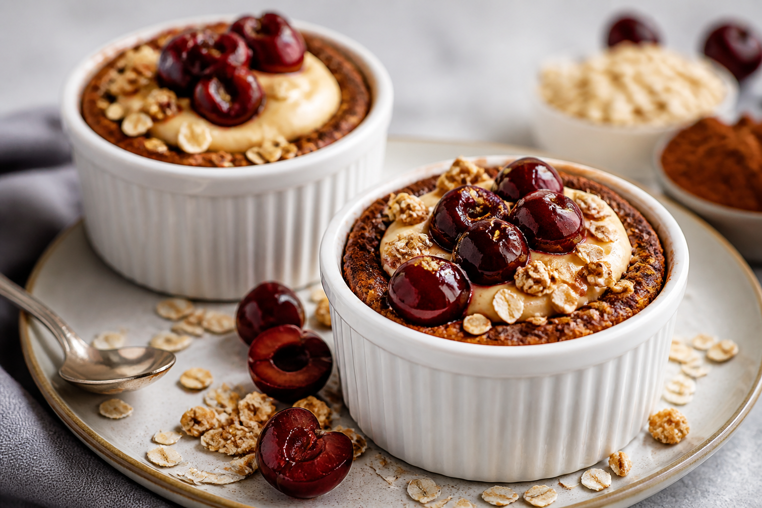 Cazuelitas tibias de avena y cacao con crema ligera de naranja, cerezas salteadas y crocante de semillas