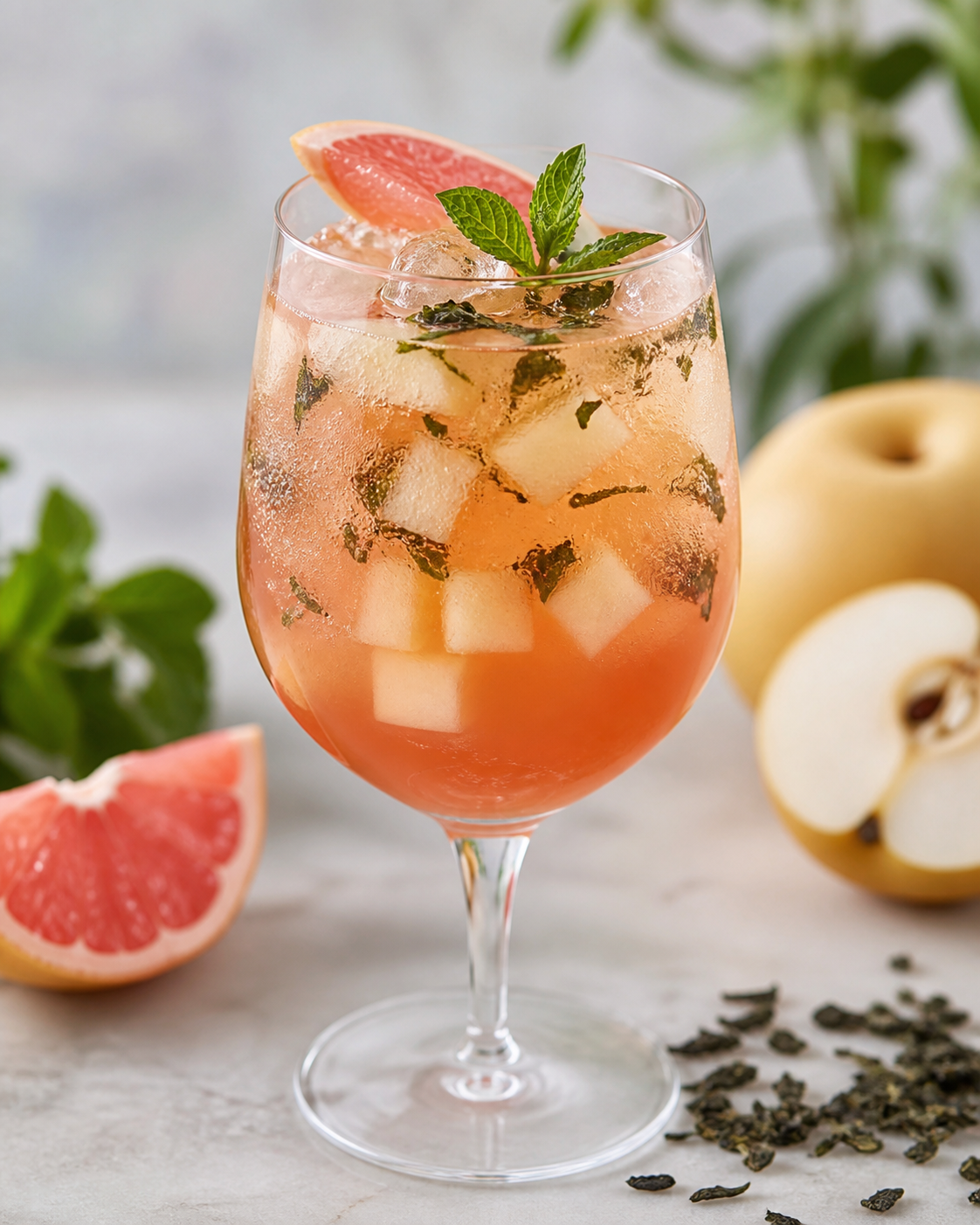 Iced Pink Grapefruit, Nashi Pear and Smoked Green Tea Mint Soda