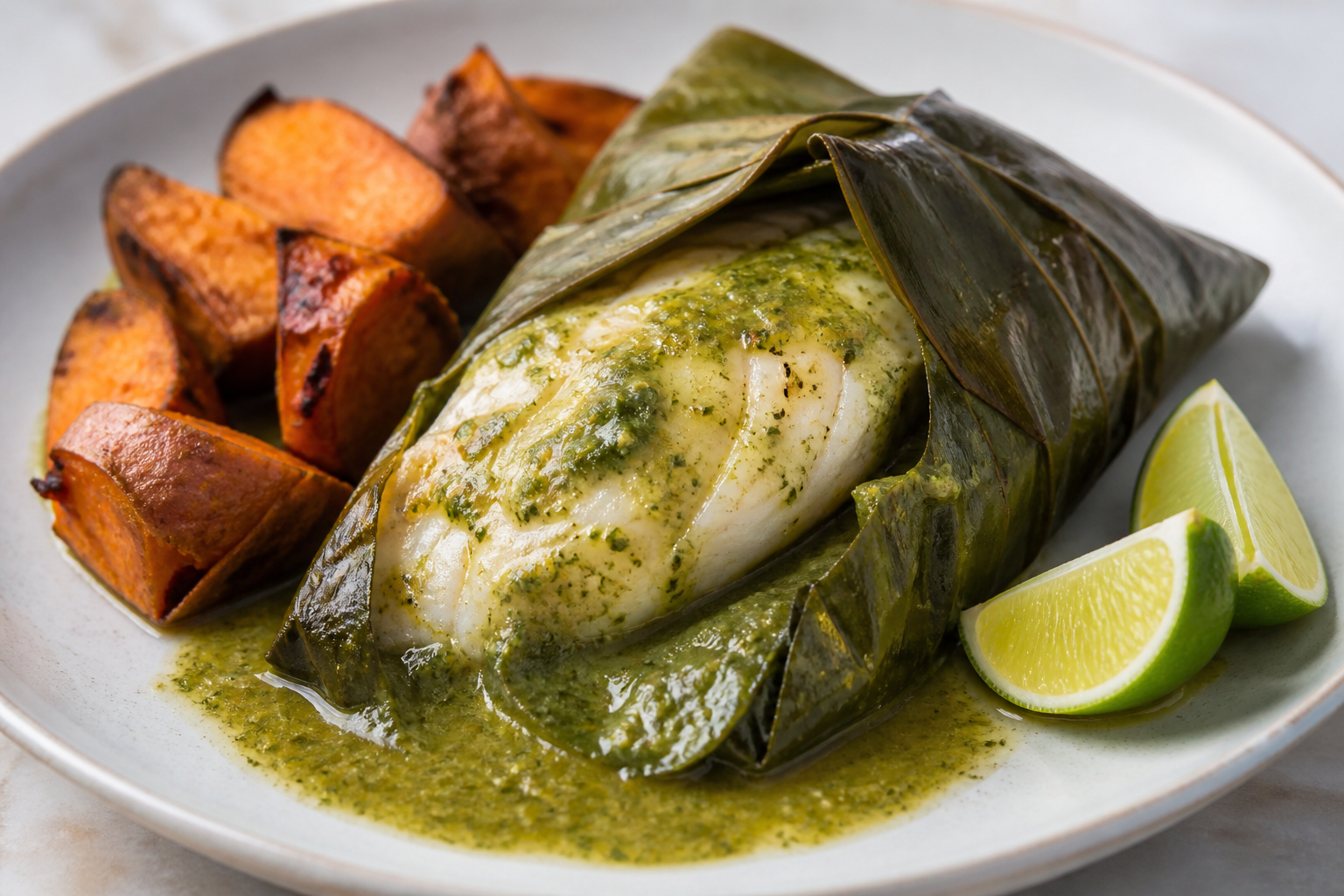 Corvina Caribeña en Hoja de Plátano con Salsa de Coco Verde y Boniato Asado