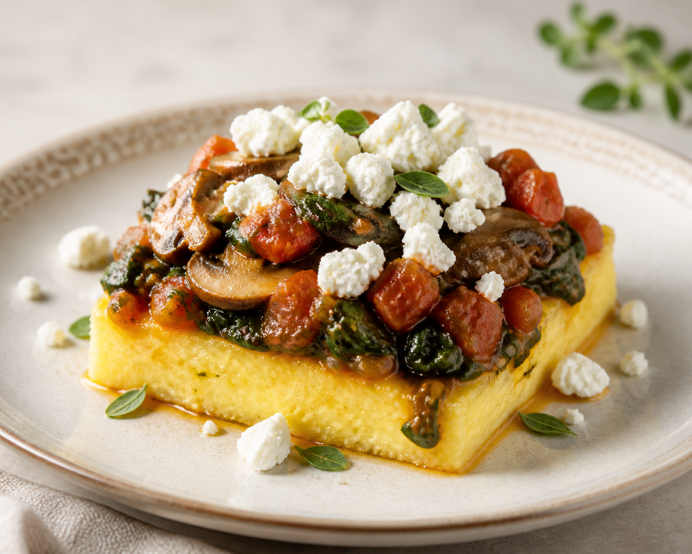 Pastel Mediterráneo de Polenta con Ragú de Champiñones, Espinaca, Tomate y Feta al Orégano