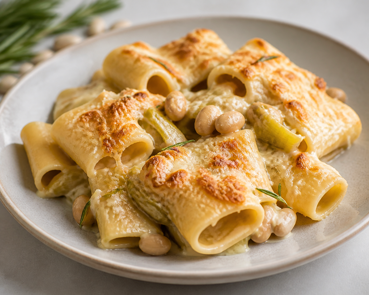 Paccheri gratinados con crema de puerro y limón, judías blancas al romero y costra crujiente de fontina