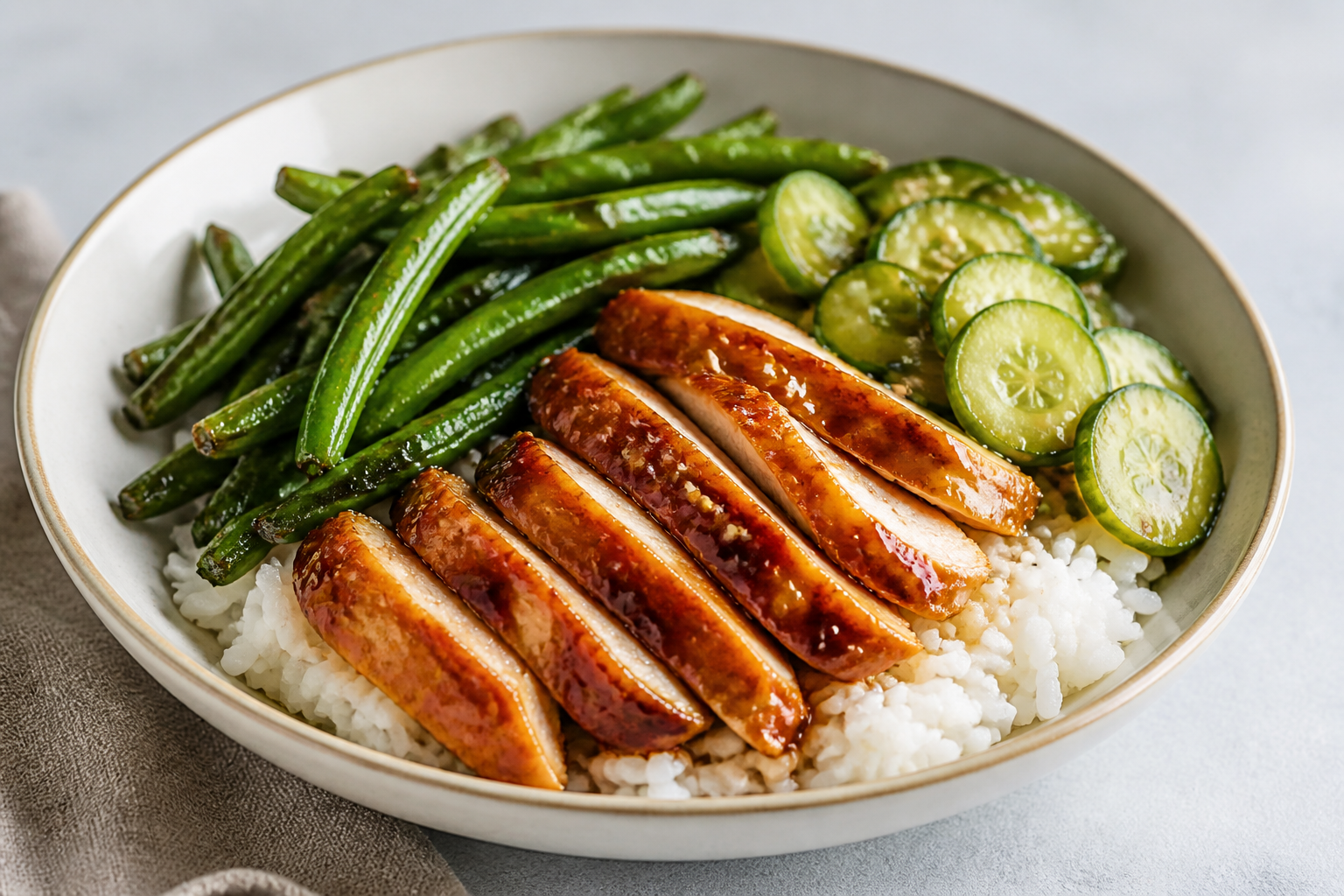 Arroz jazmín con pavo lacado en hoisin de albaricoque, judías verdes blister y ensalada tibia de pepino con sésamo