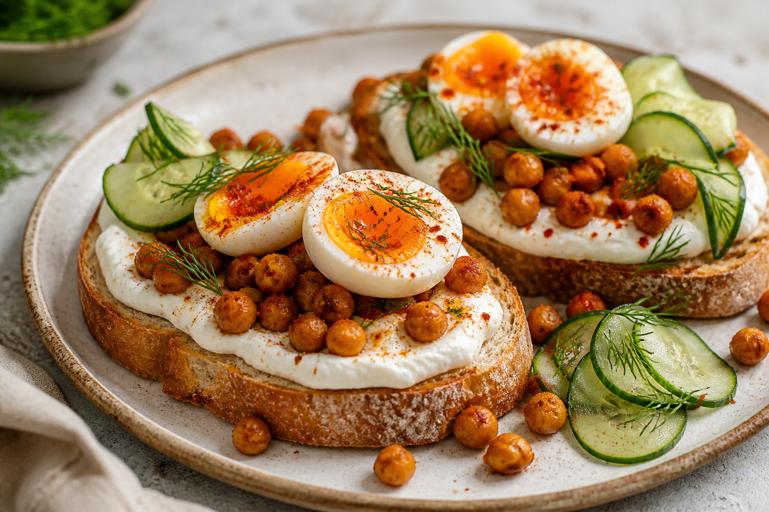 Tostadas de Yogur Batido con Garbanzos Crujientes, Pepino al Eneldo y Huevos con Chile Ahumado