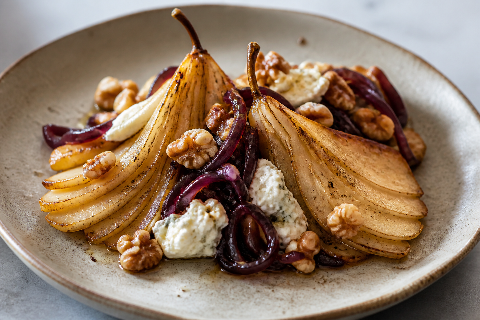 Roasted pear fans with whipped mild gorgonzola, balsamic red onion and toasted walnut