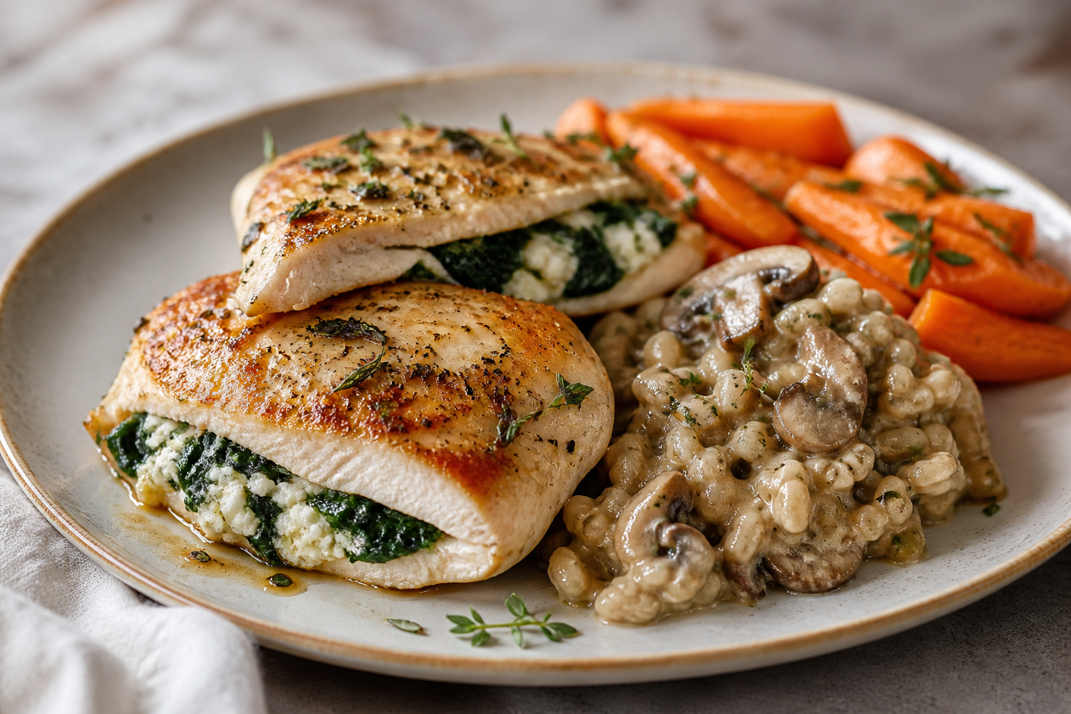 Filetes de pollo rellenos de espinacas y queso de cabra con cebada cremosa de champiñones y zanahorias glaseadas al tomillo