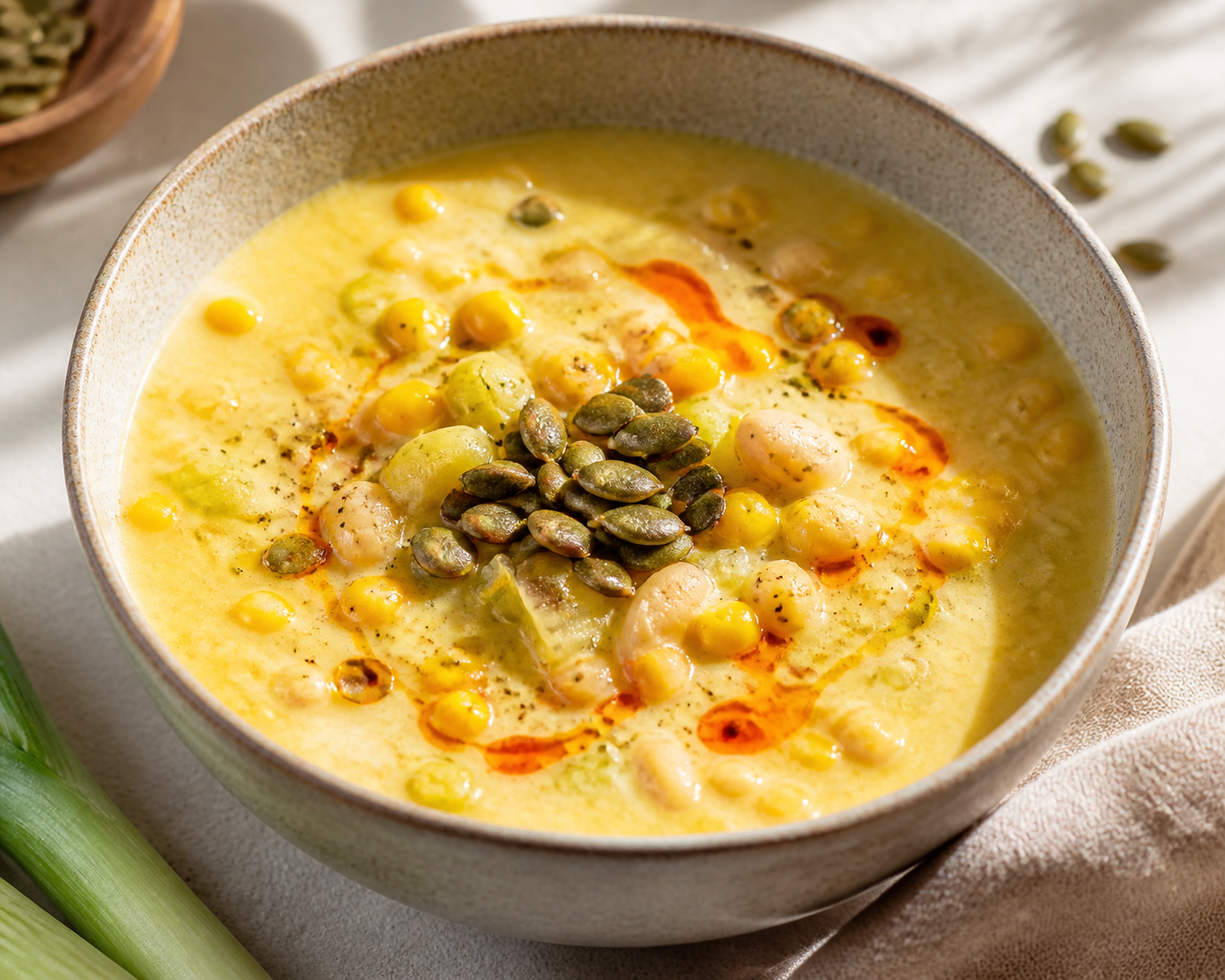 Creamy Roasted Corn, Leek and White Bean Soup with Chili-Lime Oil and Crunchy Pepitas