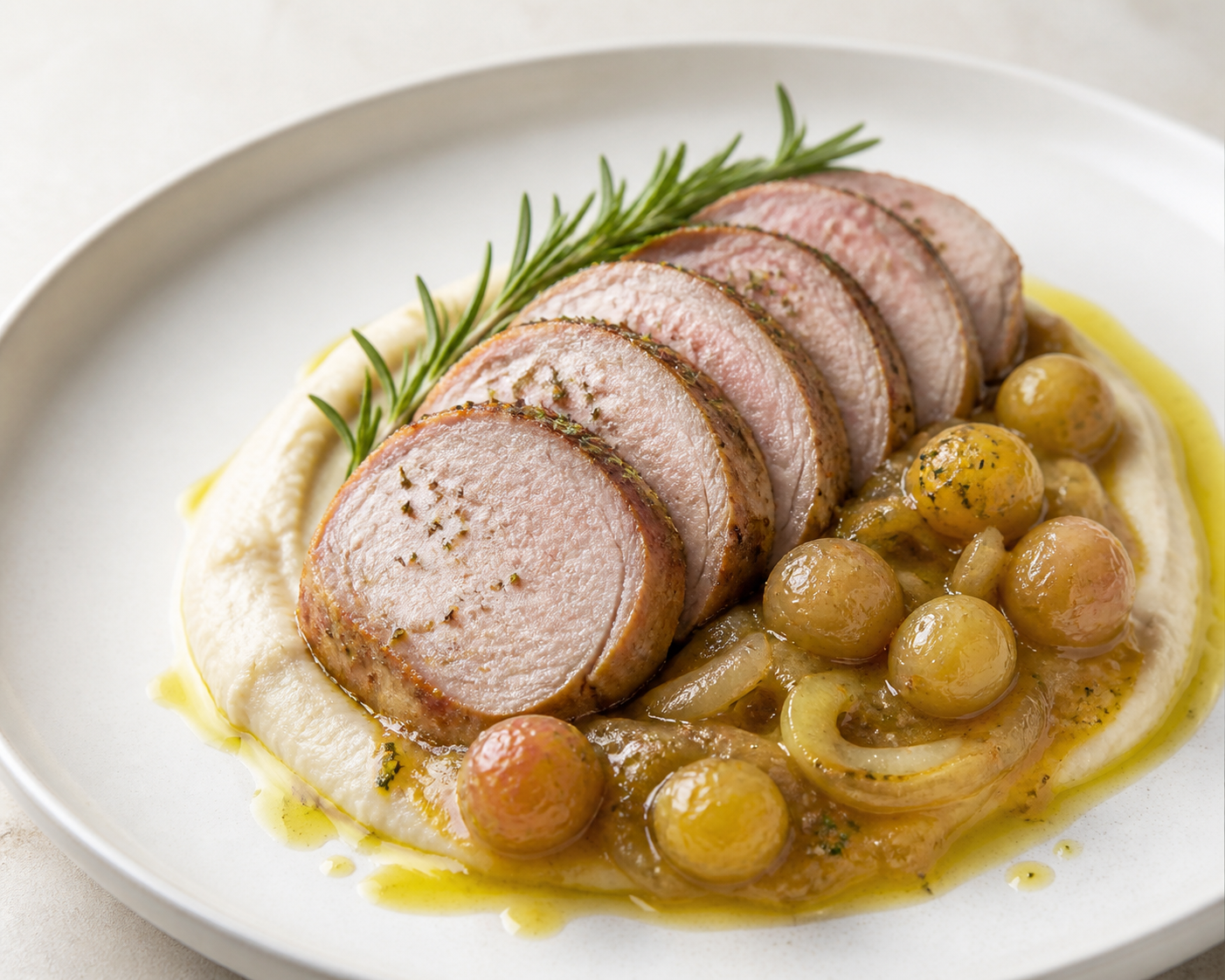 Lomo de Cerdo al Romero con Salsa de Uva Blanca Asada, Hinojo y Puré de Alubias al Ajo