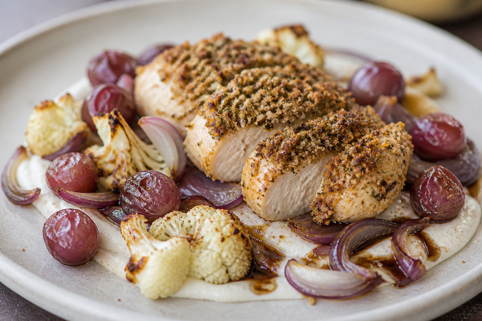 Pollo al horno con costra de centeno y salvia, crema tibia de coliflor asada y uvas balsámicas