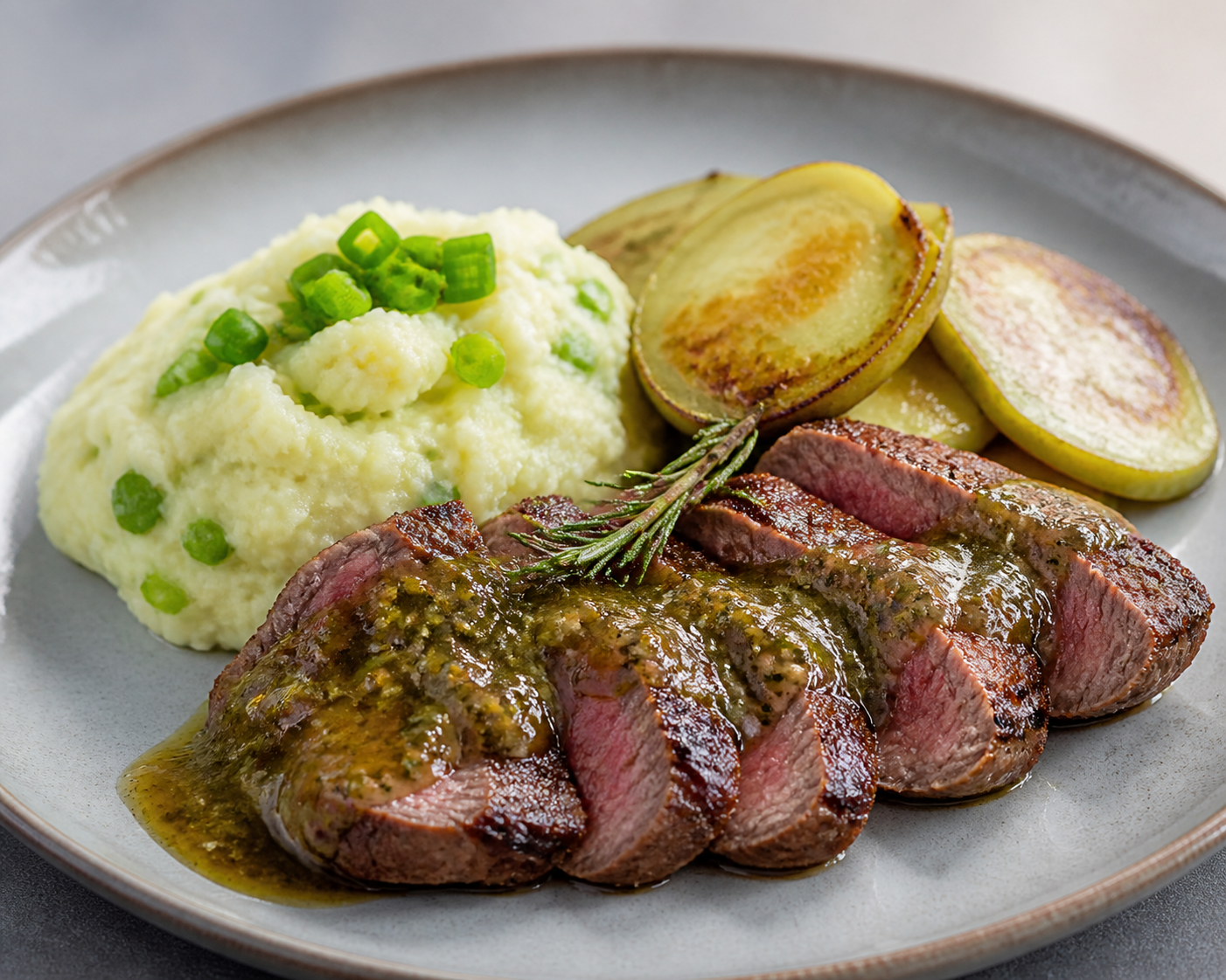 Beef Steak with Roasted Tomatillo-Rosemary Sauce, Scallion Mashed Potatoes, and Seared Chayote