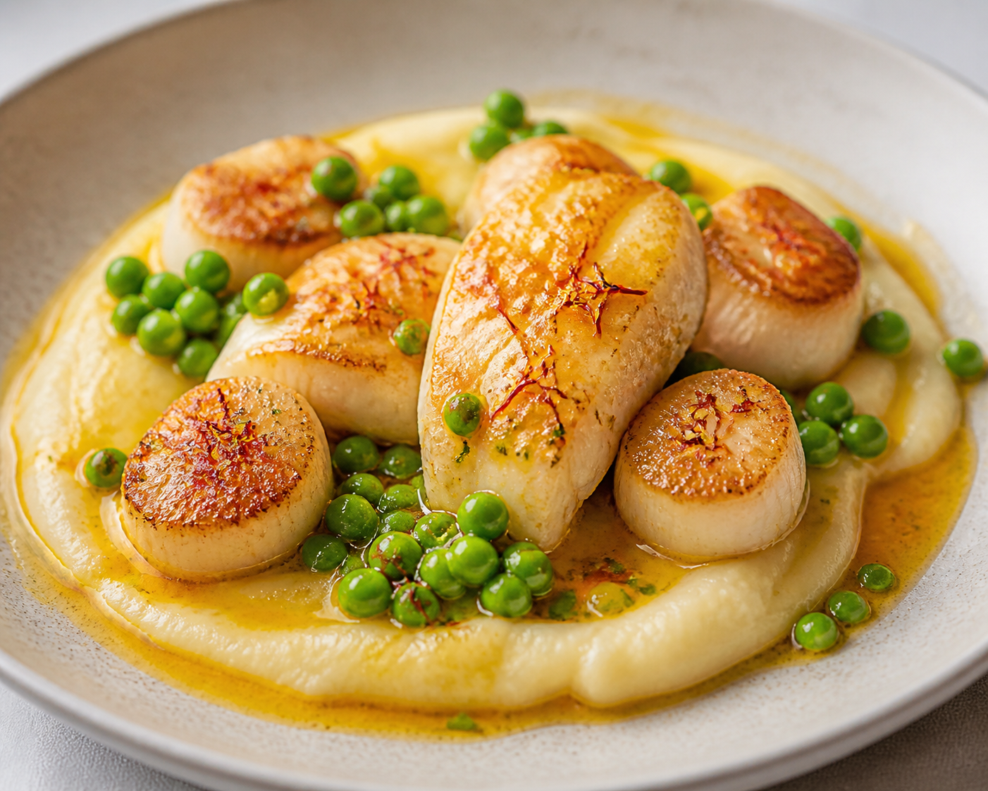 Halibut and Scallop Skillet with Saffron-Orange Butter, Parsnip Purée, and Sautéed Peas