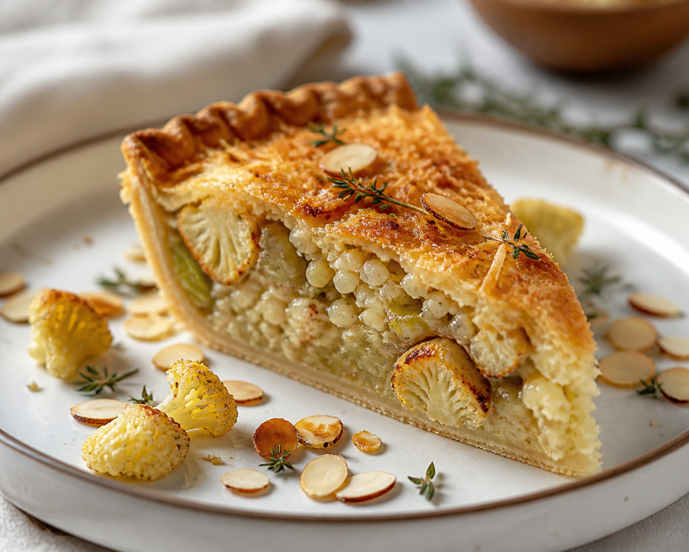 Pastel rústico de coliflor asada y cebada cremosa con costra de gruyere, puerro confitado y almendras al tomillo