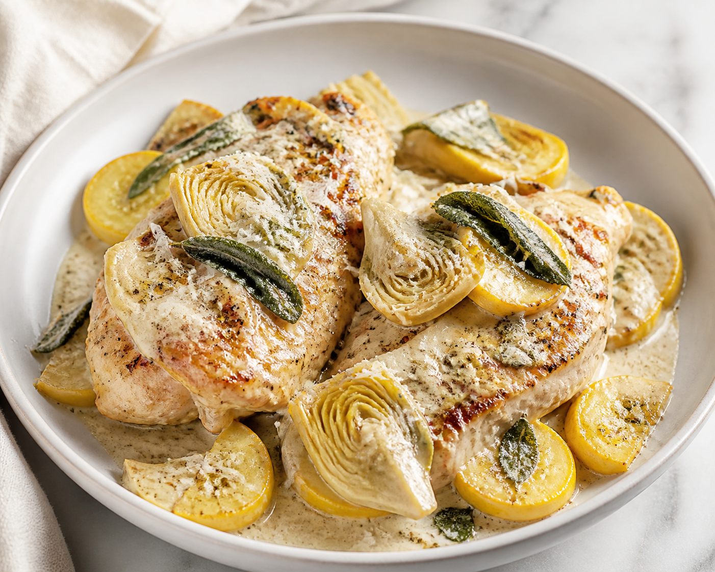 Keto Chicken Skillet with Pecorino-Artichoke Sage Cream and Golden Zucchini
