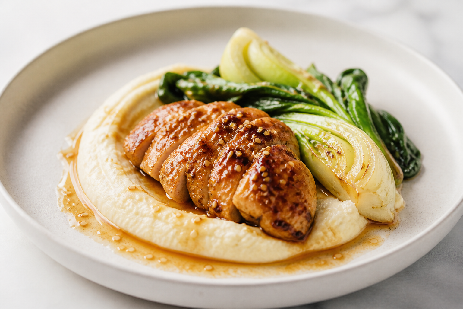 Crispy Sesame-Lime Chicken with Roasted Cauliflower Cream and Garlicky Bok Choy