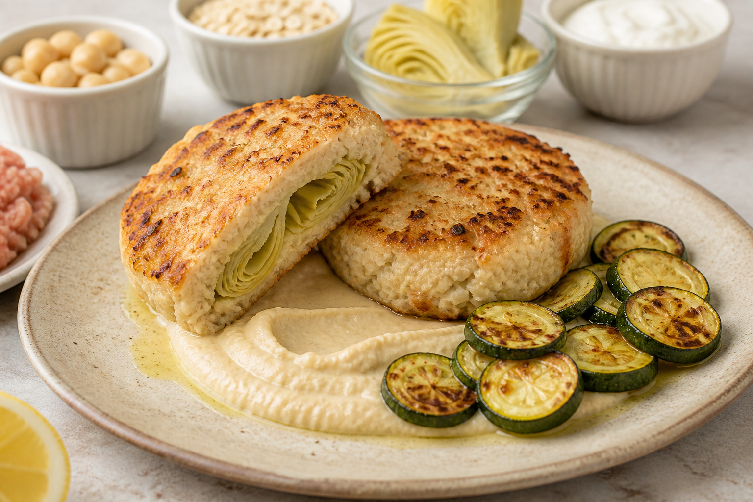 Pastelitos de pollo y skyr con corazón de alcachofa, crema de alubias al limón y calabacín tostado