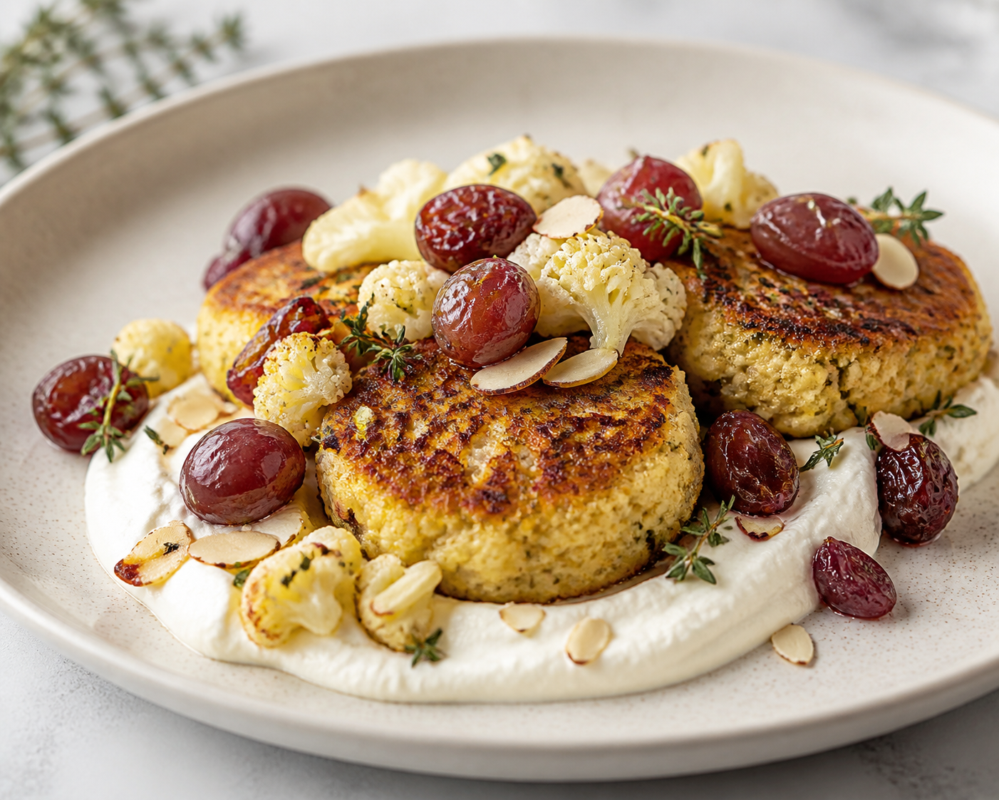 Tortitas de coliflor y almendra con crema de feta batida, uvas asadas y tomillo