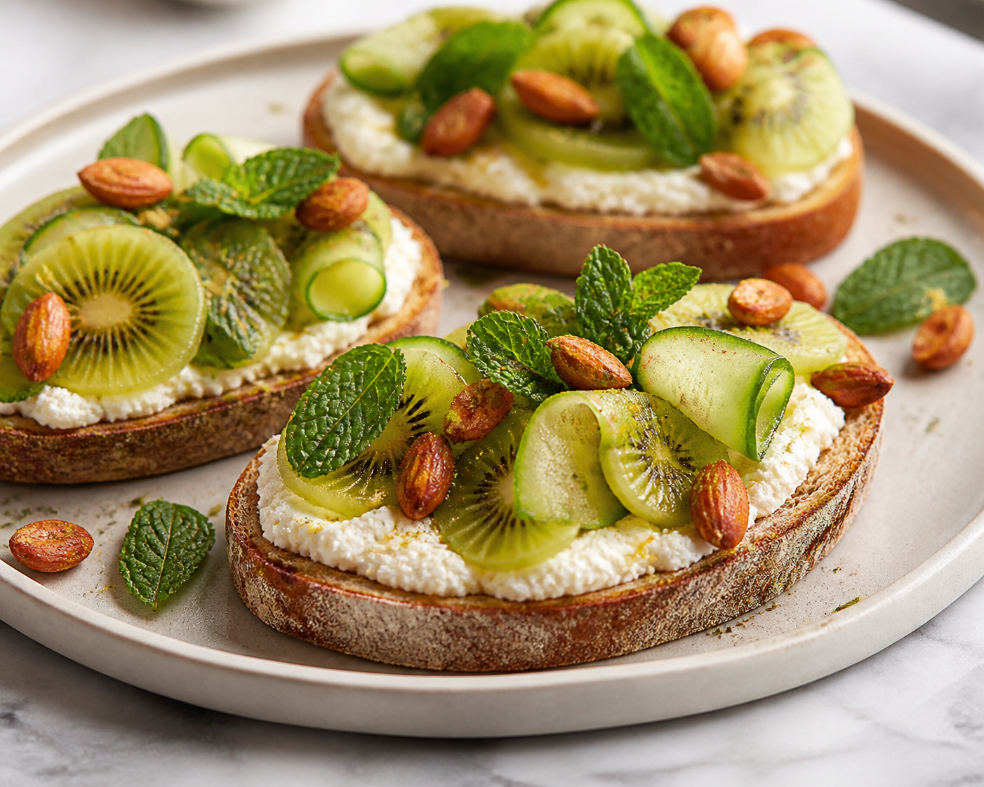 Tostadas exprés de ricotta al limón con kiwi, pepino, menta y almendra picante