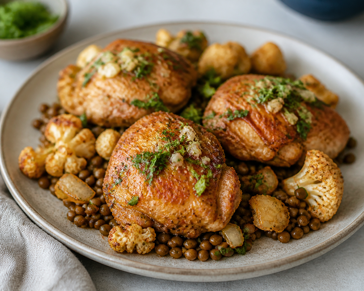 Instant Pot de pollo con coliflor al pimentón, lentejas suaves y gremolata de perejil y limón