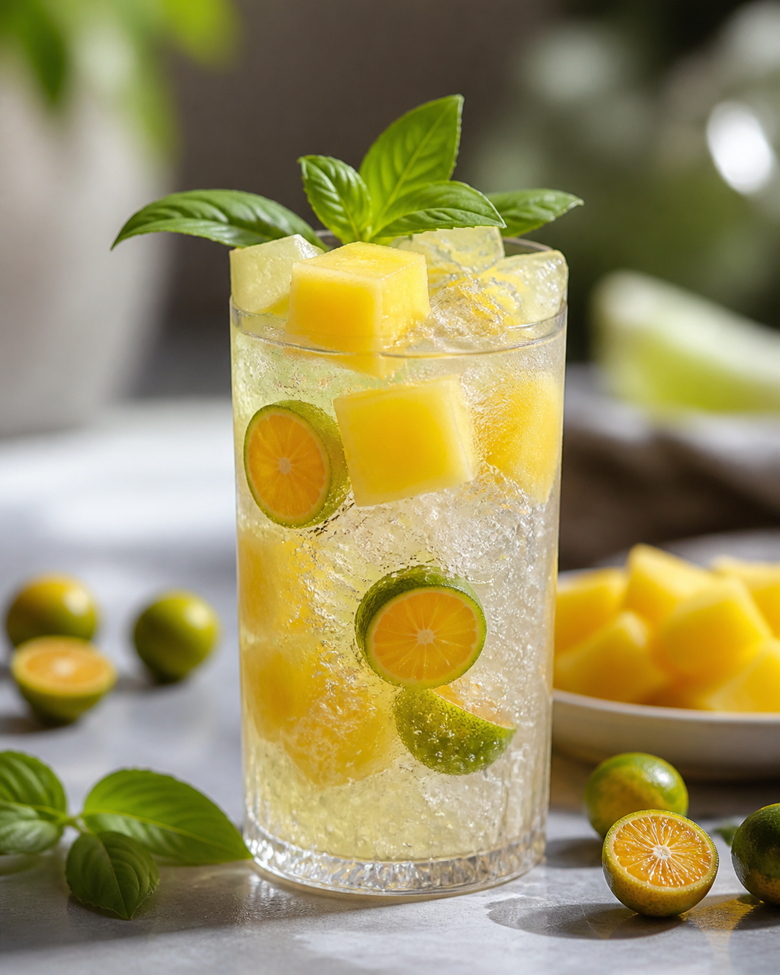 Soda helada de sandía amarilla, calamondín y té blanco con albahaca limón