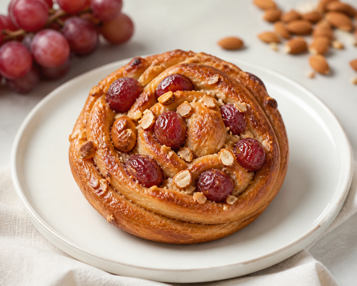 Espiral de Panadería con Mantequilla de Malta, Uva Roja Asada y Almendra Crujiente