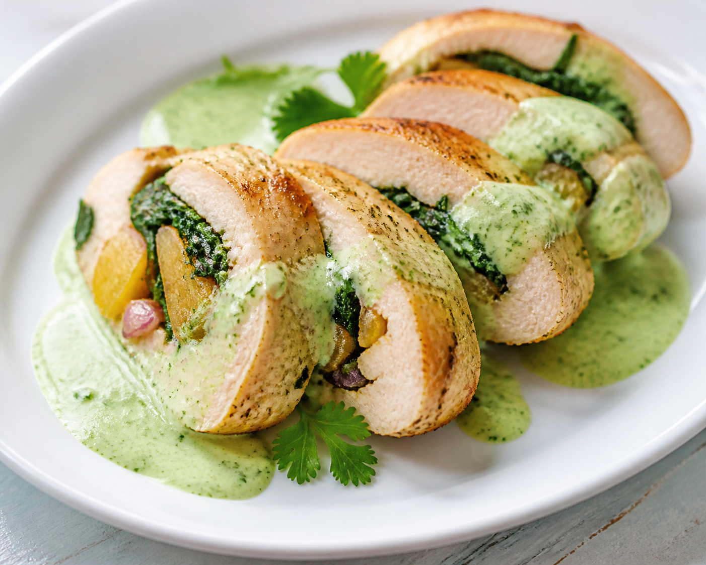 Pechuga de Pavo Caribeña Rellena de Espinaca, Plátano Maduro y Jengibre con Salsa de Coco al Cilantro