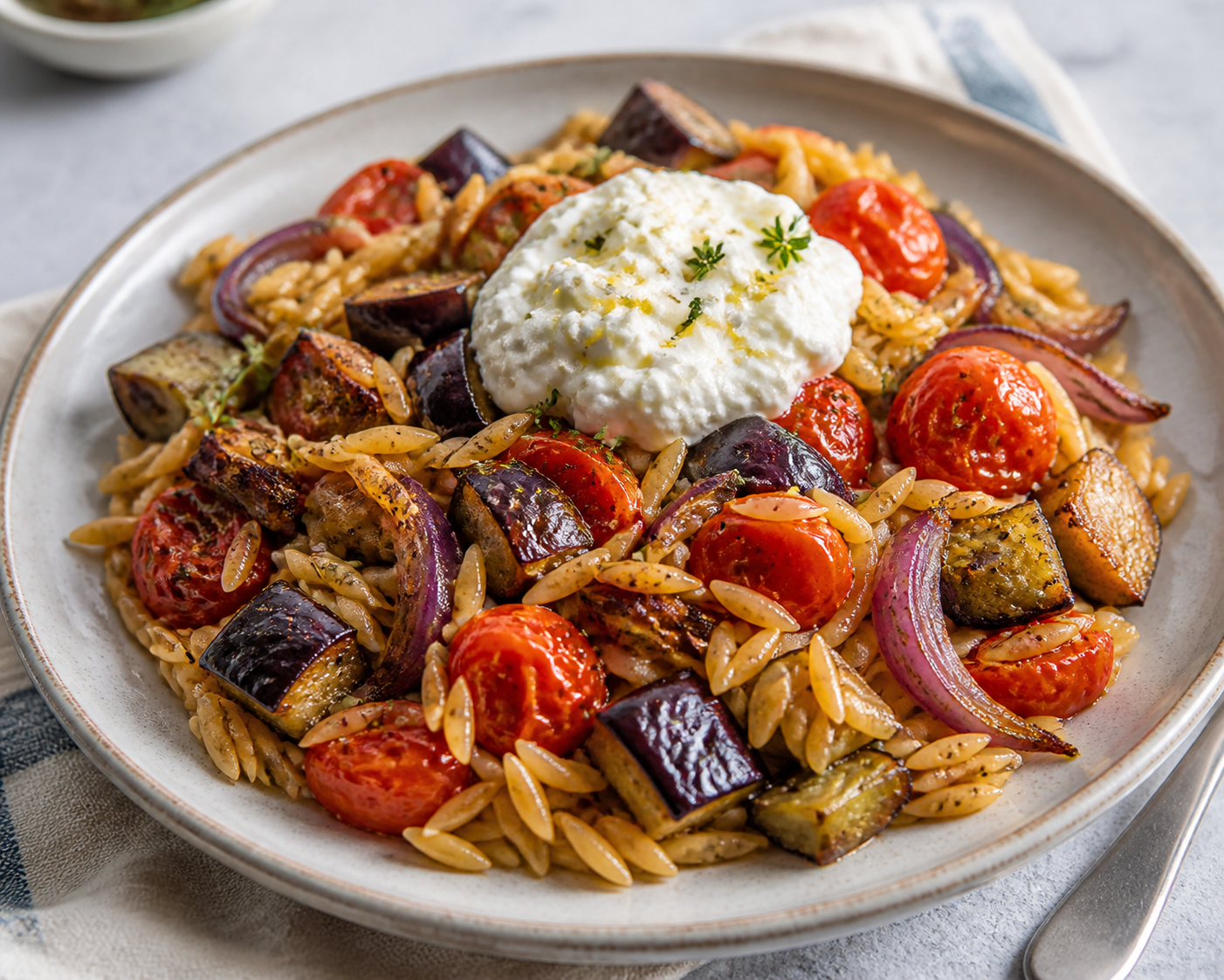 Orzo mediterráneo al horno con berenjena especiada, tomates asados y crema de ricotta al limón