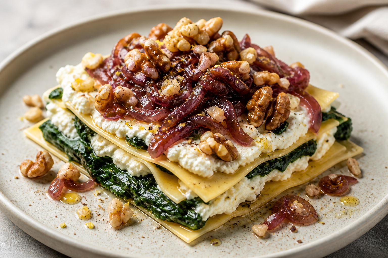 Lasagnetta abierta de espinaca, ricotta al limón y chalotas balsámicas con nuez crujiente