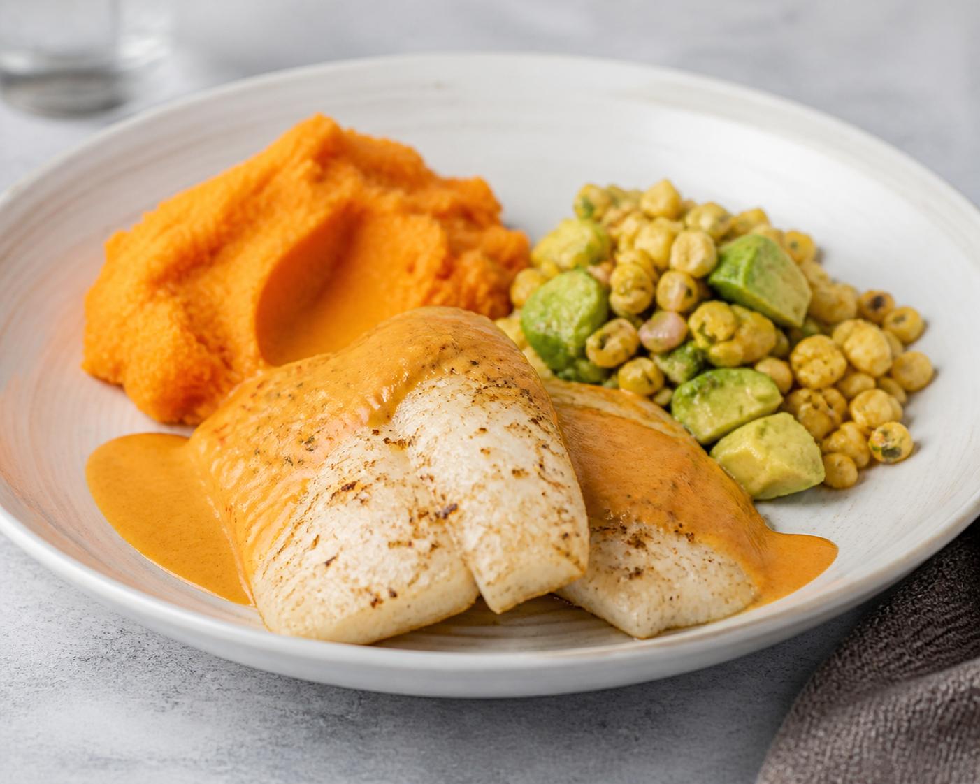 Fish Fillet in Mild Rocoto Pepper Sauce with Lime Sweet Potato Mash and Warm Corn-Avocado Salad