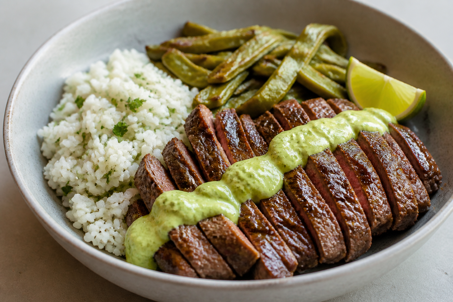 Tazón tibio de res al chile pasilla con arroz de cilantro, nopales salteados y crema de aguacate-limón