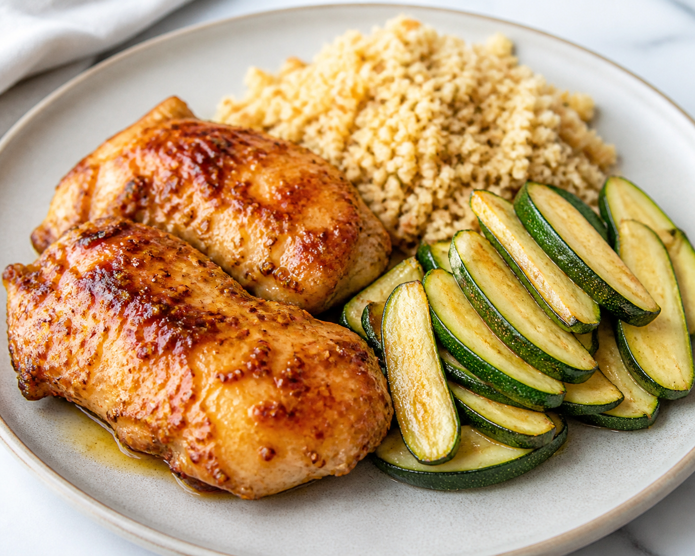 Pollo glaseado de naranja y mostaza con cuscús de coliflor tostada y calabacín crujiente