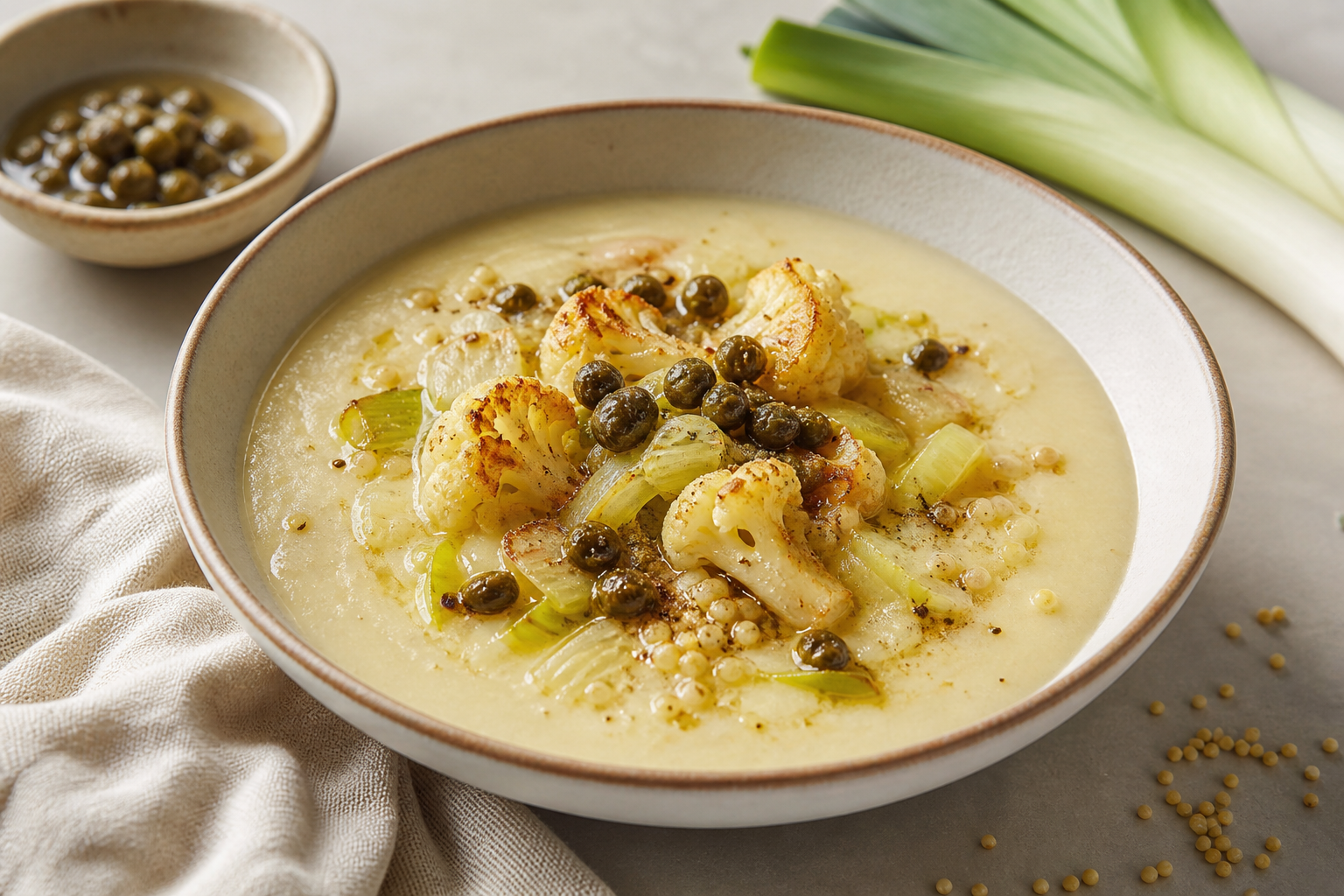 Sopa cremosa de coliflor ahumada, puerro y mijo con mantequilla dorada de alcaparras