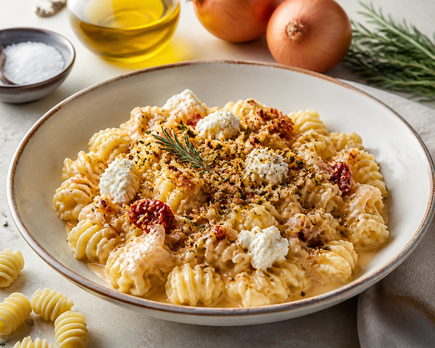 Creamy Radiatori with Roasted Onion, Sun-Dried Tomato and Ricotta with Lemon-Rosemary Pangrattato