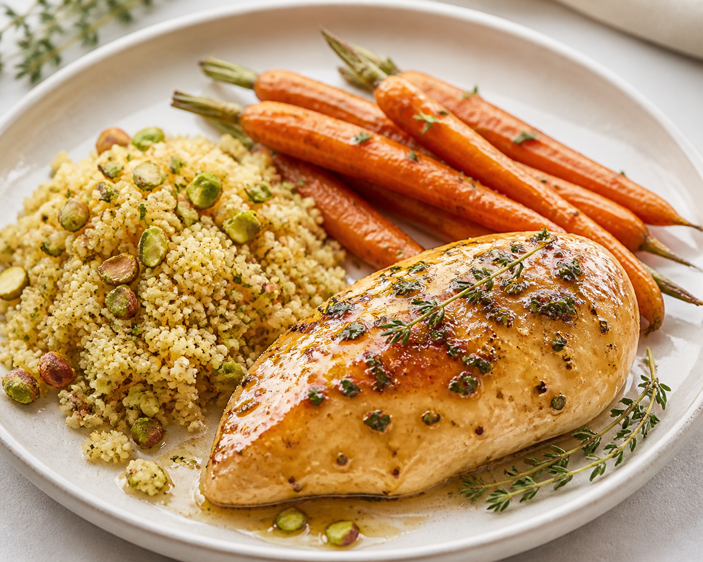 Pollo al horno con mantequilla de azahar y tomillo, zanahorias especiadas y cuscús crujiente de pistacho