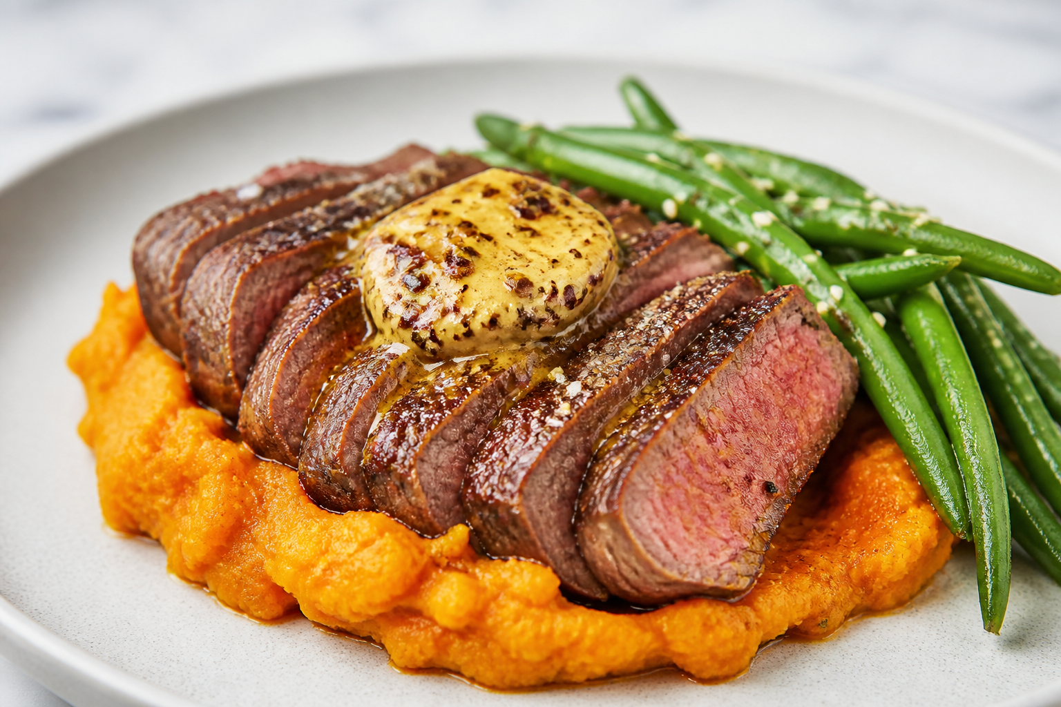 Filete de Res con Mantequilla de Chile Cascabel y Lima, sobre Puré de Camote Asado y Ejotes con Ajonjolí