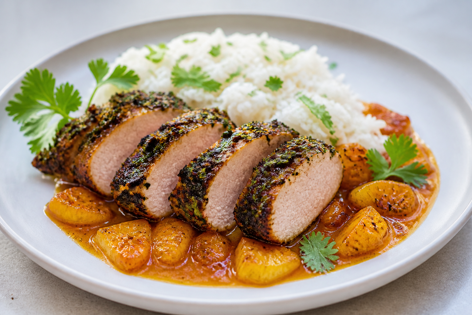 Solomillo de Cerdo con Costra de Cacao y Cilantro, Salsa de Piña Asada con Chipotle y Arroz Cremoso de Coco