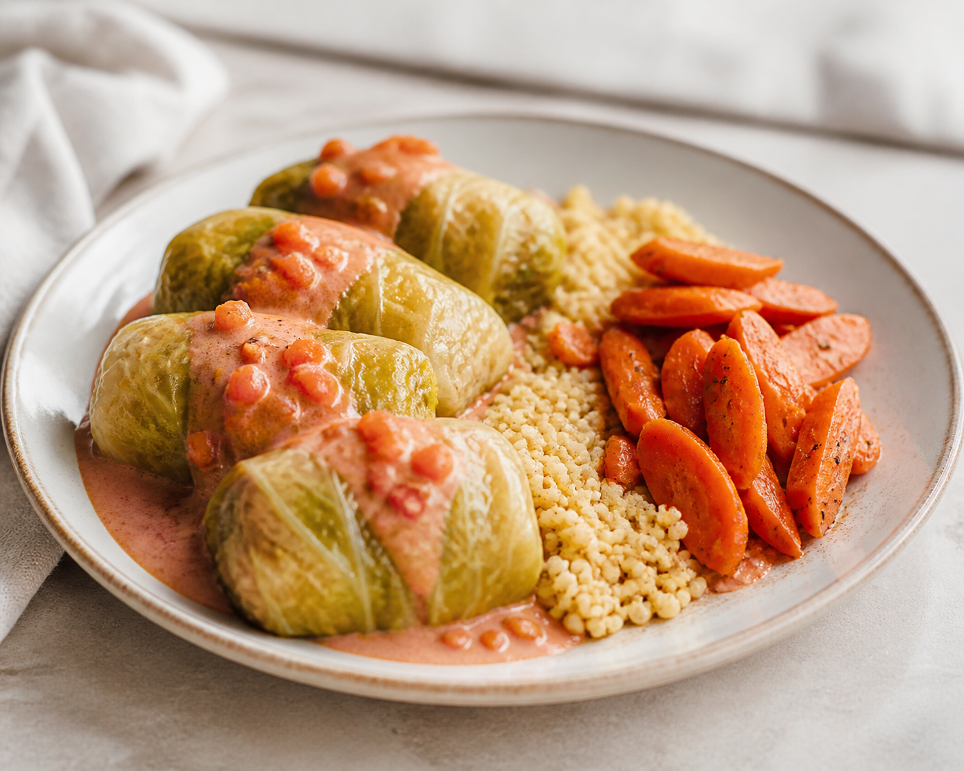 Rollos de repollo dorado con mijo cremoso, zanahoria especiada y salsa suave de tomate y yogur