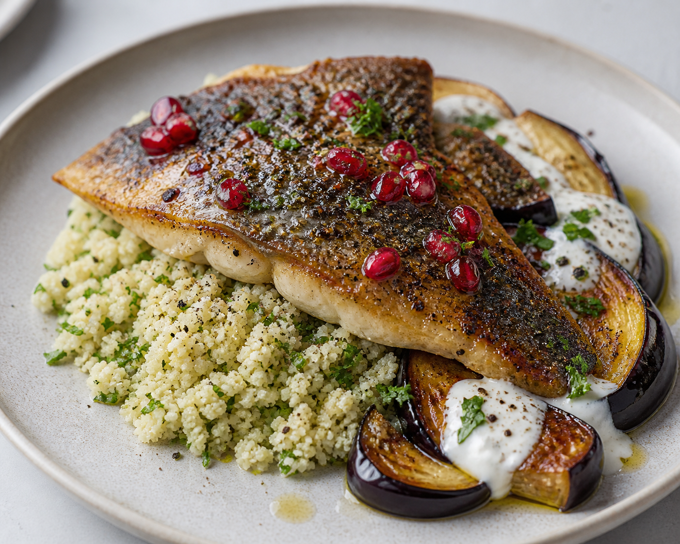 Roasted sea bass with pomegranate-cumin glaze, herbed cauliflower couscous, and seared eggplant with yogurt