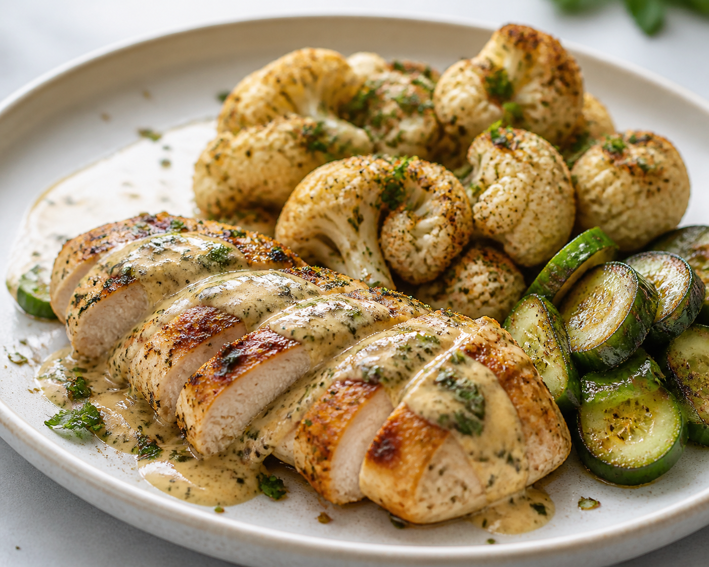 Keto Chicken Breast with Golden Tahini Lemon Herb Sauce, Za’atar Cauliflower, and Seared Cucumber